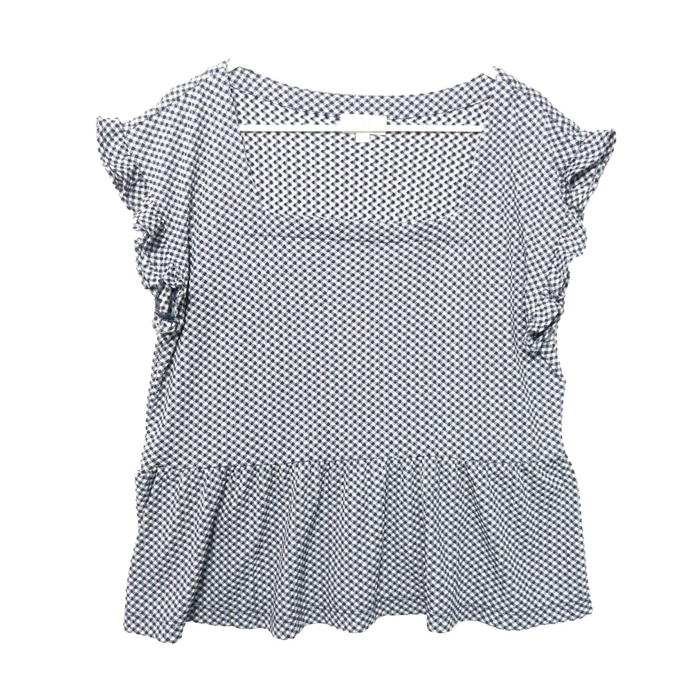 Loft Outlet Peplum Gingham Top Square Neck Ruffle Flutter Sleeve Navy Women L XL